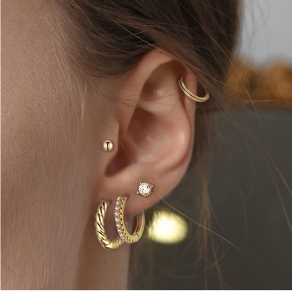 Gold 14k Gold Plated Hoop Stud 5 Pair Earring Set - Picture 1 of 3